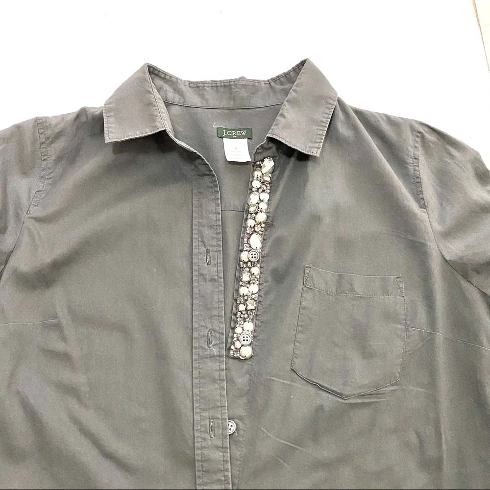 J. Crew Gray Cotton Embellished Button-front Shirt Small Officecore Work Career